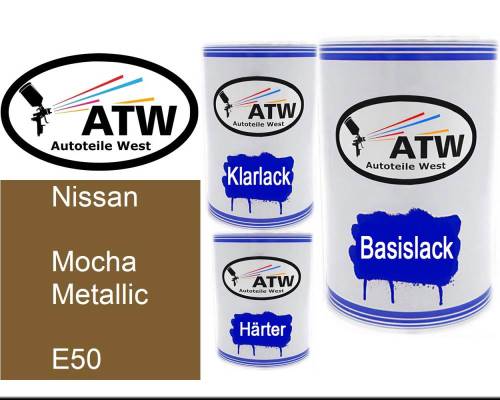 Nissan, Mocha Metallic, E50: 500ml Lackdose + 500ml Klarlack + 250ml Härter - Set, von ATW Autoteile West.